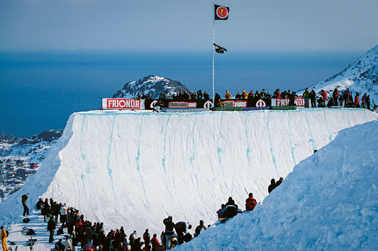 Terje Haakonsen snowboarding on The Arctic Challenge quarterpipe in Lofoten, Norway